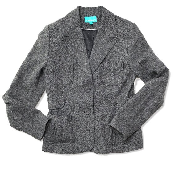 La Redoute Wool Blend Blazer Jacket Grey Herringbone Pattern Classic Ruffles - Picture 1 of 13